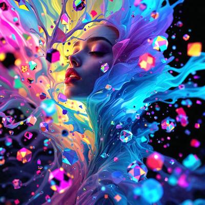 The primary subject of the image is a woman with a flowing mane, who appears to be a digital art or illustration. She is surrounded by a vibrant and colorful environment, with a mix of blue, pink, yellow, and green colors. The setting includes a tree and a background that adds to the overall atmosphere of the scene. The visual style of the image suggests that it is a creative and artistic representation of the woman, possibly as a character or a symbol.